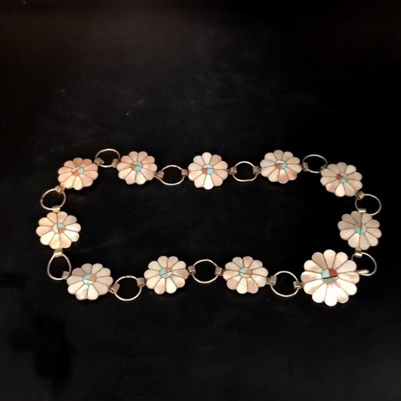 Sterling Silver Zuni Native American Sun Face MOP Turquoise Concho Belt Necklace - Picture 4 of 10